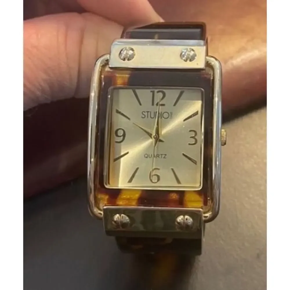Women's Gold Tone Studio Time Watch, Tortoise Pattern Lucite Band and Bezel